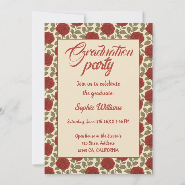 Convite para Graduação de Rosas vermelhas Elegante (Frente)
