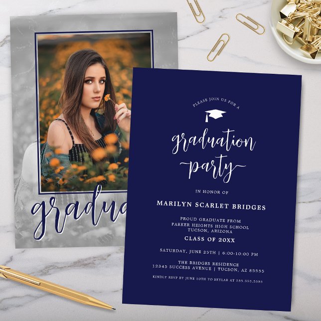 Convite para Graduação de Script de Foto do Soltei (modern navy blue graduation party invitation with single photo used twice for unique grad party)