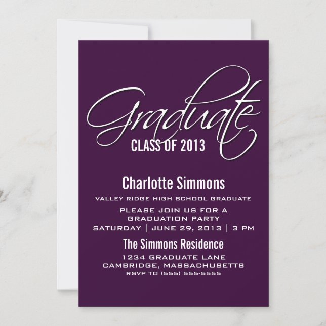 Convite para Graduação de Script Elegante Roxo (Frente)