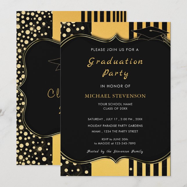 Convite para Graduação Dourada Preta com Moldura G (Frente/Verso)