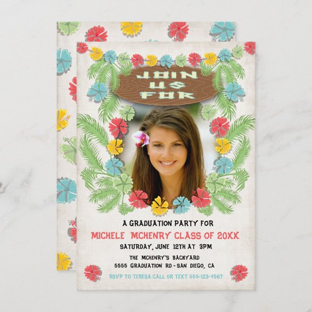 Convite para Graduação Tropical Lúau Hawiian (Frente/Verso)