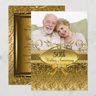 Convite para Imagens de Foto do Damask Dourado Ele