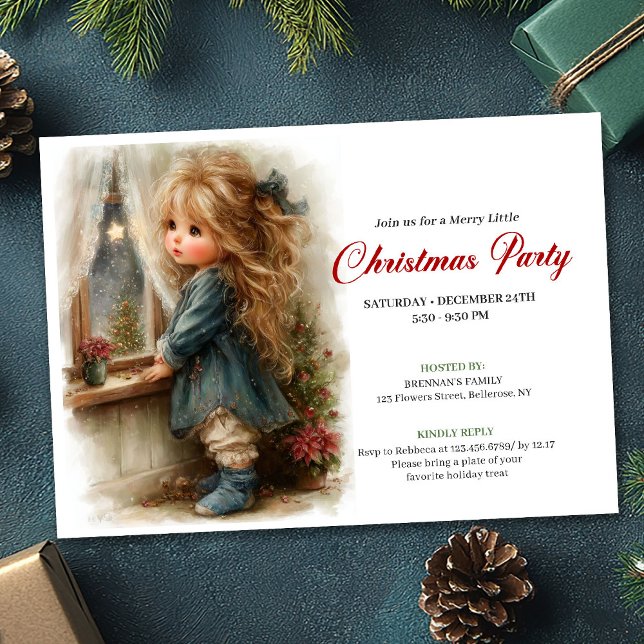 Convite para impressão de menina rústica esperando (Rustic little girl awaiting Santa printable invitation

)