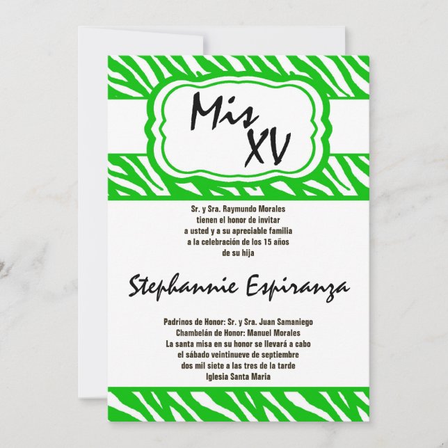Convite para Impressão de Zebra Verde Quinceanera  (Frente)