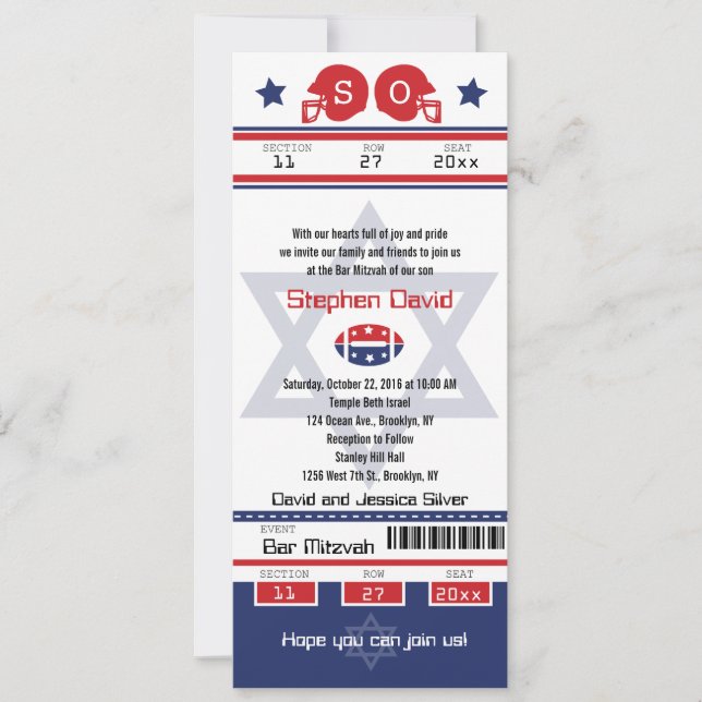 Convite para ingresso de futebol do bar Mitzvah (Frente)