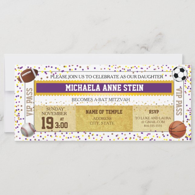 Convite para ingresso do Tema do Esporte Bat Mitzv (Frente)