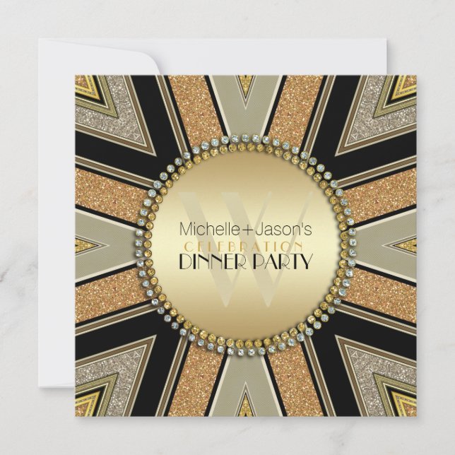 Convite para Jantar com Brilho Dourado Art Déco (Frente)