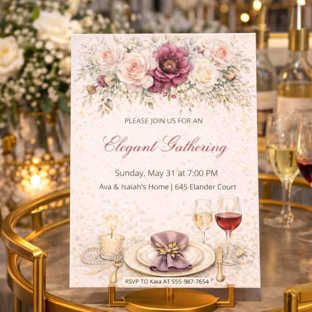 Convite para Jantar com Floral Rosado (Blush floral dinner setting with gold detail and soft rose table styling)