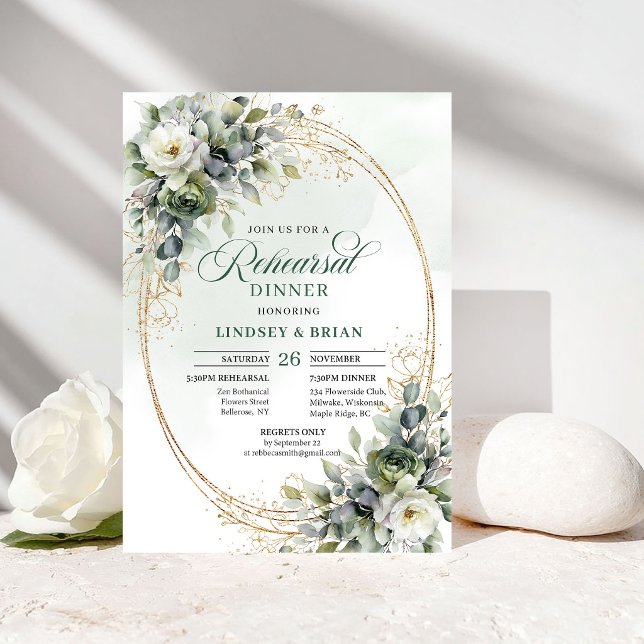 Convite para Jantar de Ensaios Aquarela Ouro Verde (Green Gold Watercolor Rehearsal Dinner Invitation)