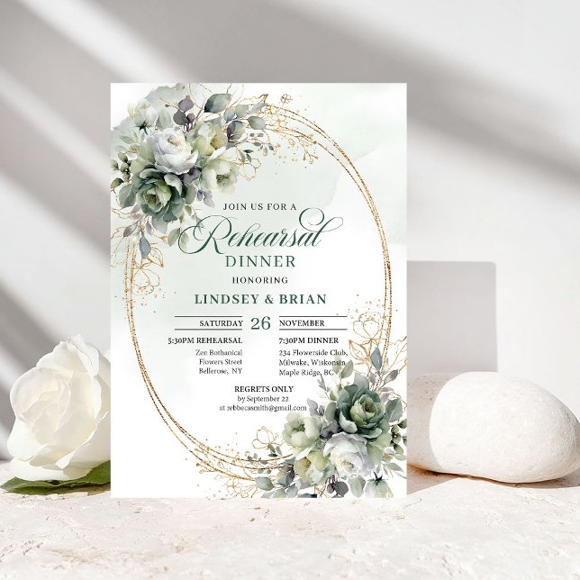 Convite para Jantar de Ensaios Aquarela Ouro Verde (Green Gold Watercolor Rehearsal Dinner Invite)