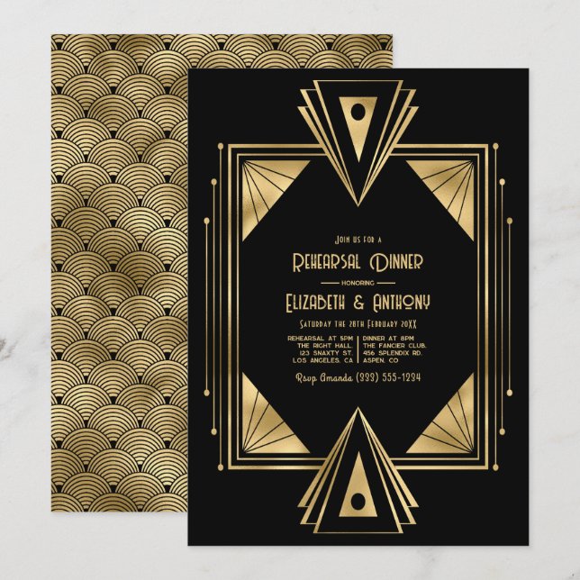 Convite para Jantar de Ensaios Art Déco Preto e Do (Frente/Verso)