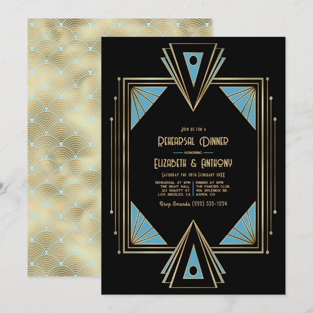 Convite para Jantar de Ensaios Chic Gatsby Art Dec (Frente/Verso)