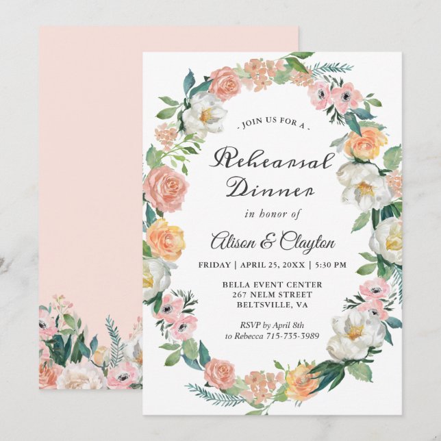 Convite para Jantar de Ensaios com Coroa Floral de (Frente/Verso)
