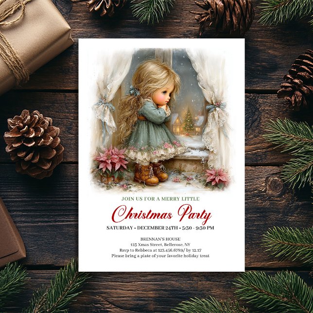 Convite para Jantar de Feriado Garota Fofa Cena de (Holiday Dinner Invite Cute Girl Winter Scene Art)