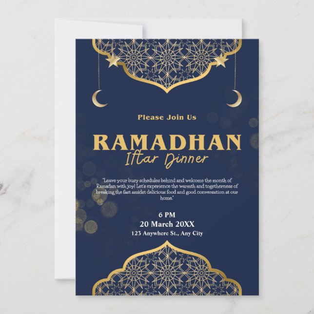 Convite para Jantar de Iftar Moderno Blue Gold (Frente)