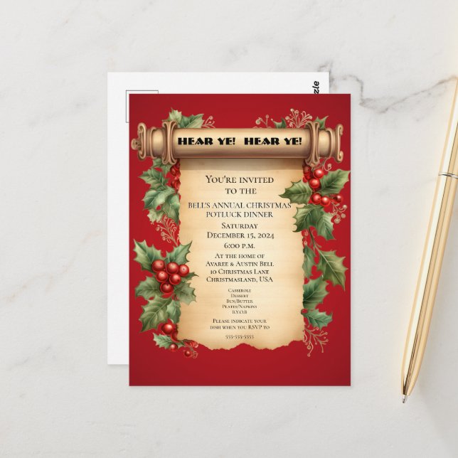 Convite para Jantar de Natal Potluck Pergaminho Mu (Frente/Verso In Situ)
