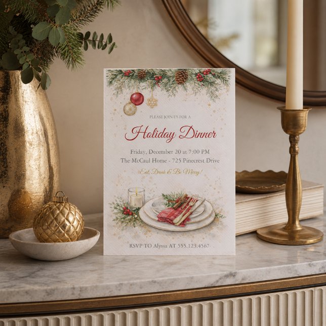 Convite para Jantar de Pinheiro Festivo (Festive pine holiday dinner invite with warm table setting and classic seasonal details)