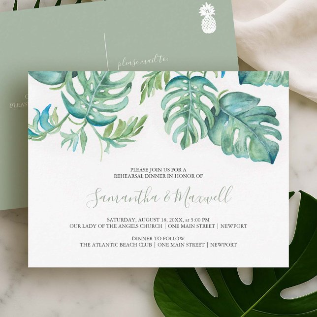 Convite para Jantar de Treino de Folhas de Palmeir (Tropical rehearsal dinner invitation postcard with watercolor monstera palm leaves Do Tell A Belle)