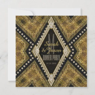 Convite para Jantar em Couro Preto+Dourado ArtDeco