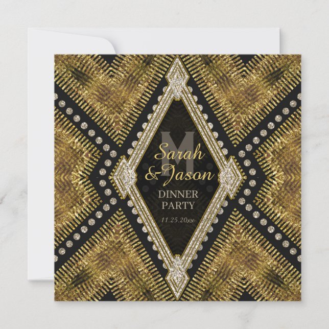 Convite para Jantar em Couro Preto+Dourado ArtDeco (Frente)
