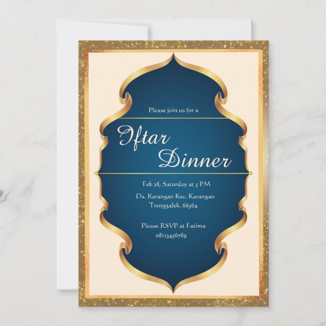 Convite para Jantar Iftar Azul Real e Dourado (Frente)