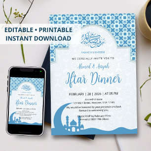 Convite para Jantar Iftar com Padrão Islâmico Azul