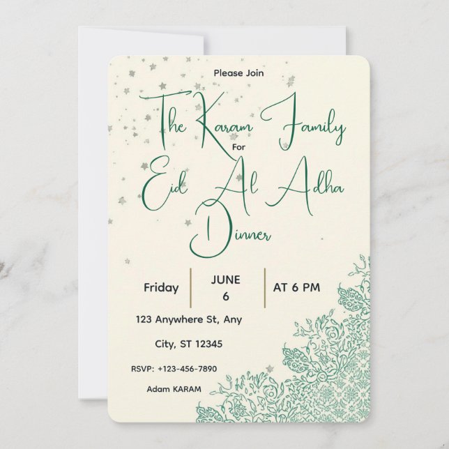 Convite para Jantar no Eid Al Adha em Verde Sage (Frente)