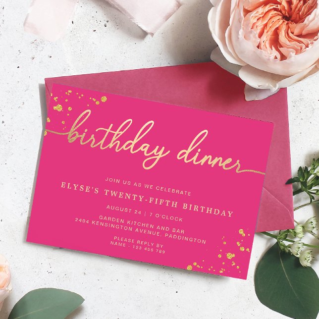 Convite para Janto de Aniversário Dourado Rosa-Que (Birthday Dinner Invitation Paintly Hot Pink Gold )