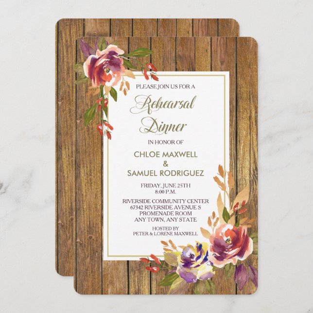 Convite para Janto de Casamento Floral de Madeira  (Frente/Verso)