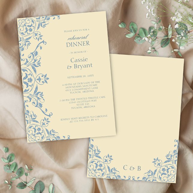 Convite para Janto de ensaio amarelo-manteiga (elegant old money butter yellow and dusty blue wedding rehearsal dinner invitation with chintz)