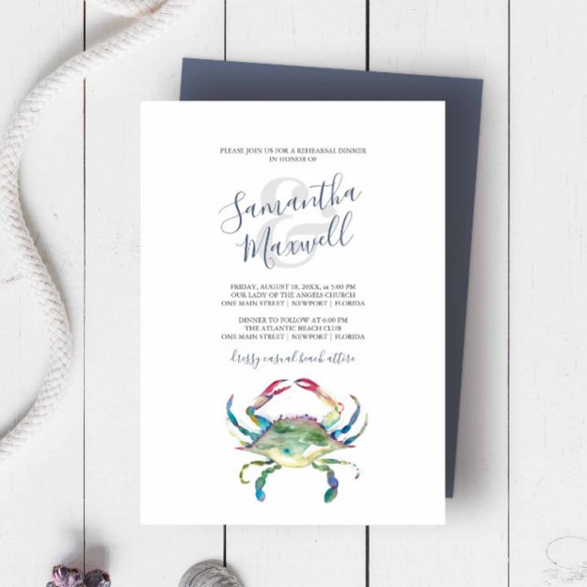 Convite para Janto de ensaio de caranguejo-Aquarel (Rehearsal dinner invitation beach wedding watercolor blue crab art by Victoria Grigaliunas.)