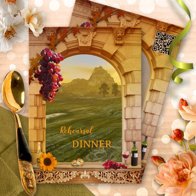 Convite para Janto de ensaio de Casamentos outono  (A classic Rehearsal Dinner invitation showing an Italian style landscape with a Roman arch and wine)