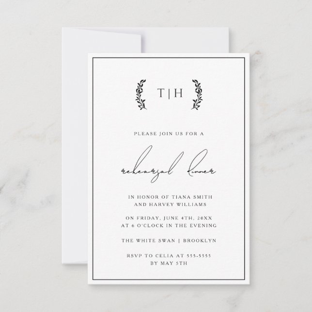 Convite para Janto de ensaio de Wreath Monogramas (Frente)