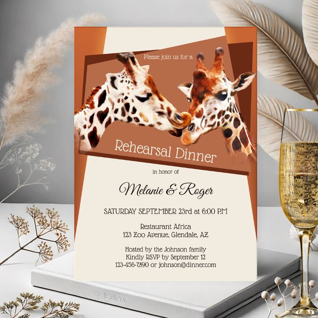 Convite para Janto de ensaio do Zoo Giraffe Safari (Rehearsal dinner invitation with a whimsical and colorful painting of giraffes - animal -zoo -safari)