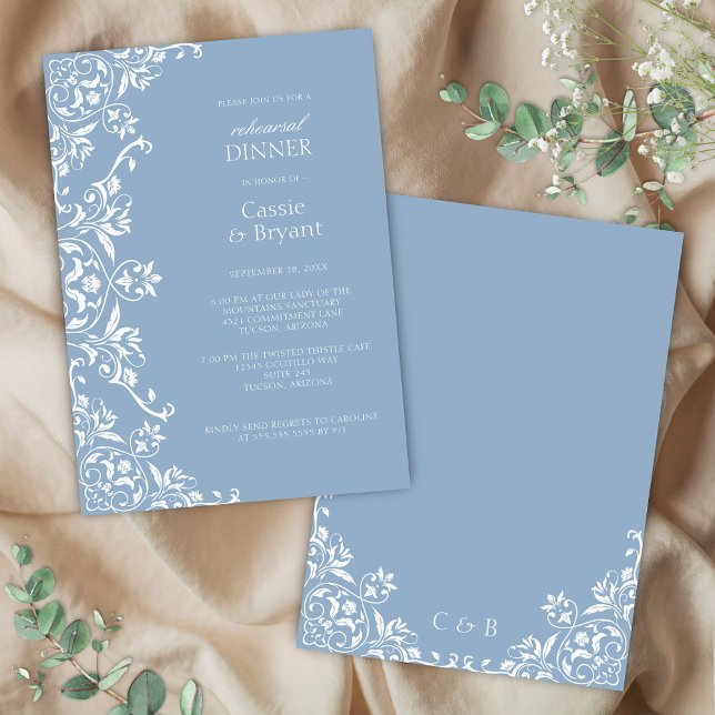 Convite para Janto de ensaio romântico de cor azul (romantic dusty blue and white wedding rehearsal dinner invitation for old money bridgerton events)