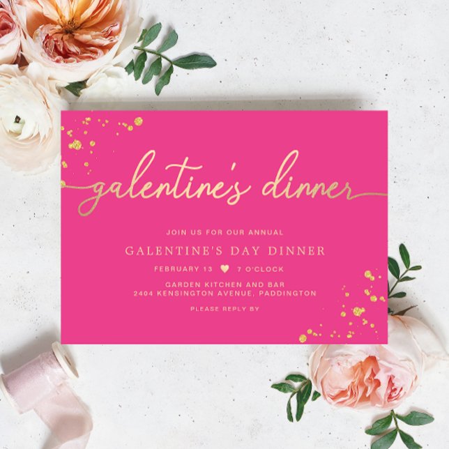 Convite para Janto Dourado Dia da Galentina, Rosa- (Galentines Dinner Invitation Hot Pink Paintly Gold )