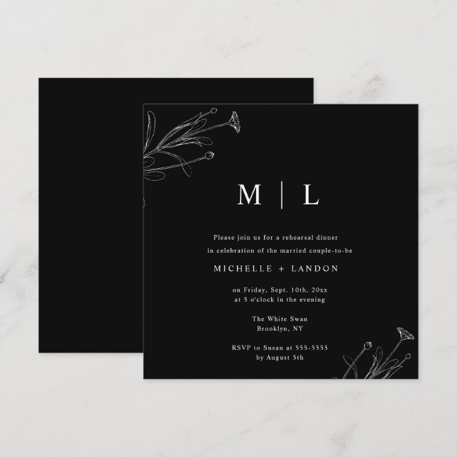 Convite para Janto Floral Preto e Branco (Frente/Verso)