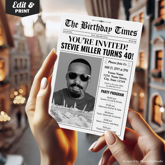 Convite para jornal aniversário de 40 anos com pro (40th Birthday Newspaper Invitations with Program)