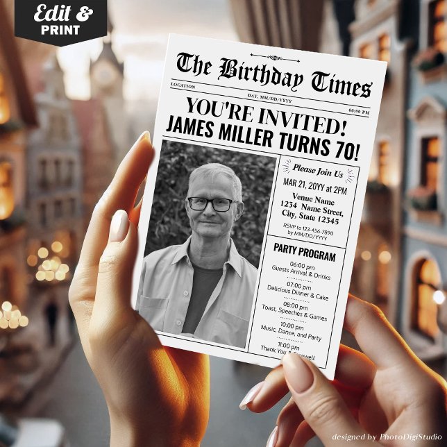 Convite para jornal de aniversário de 70 com progr (70th Birthday Newspaper Invitations with Program)