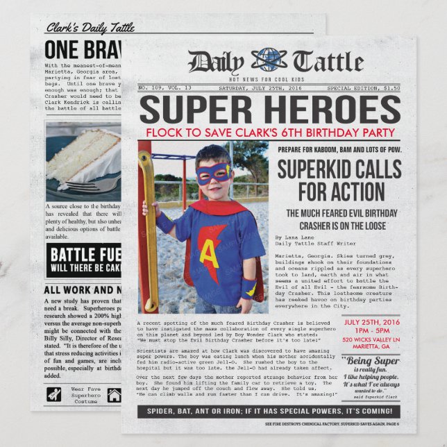 Convite para jornal de super-heróis - 6,5 x 8,75 (Frente/Verso)