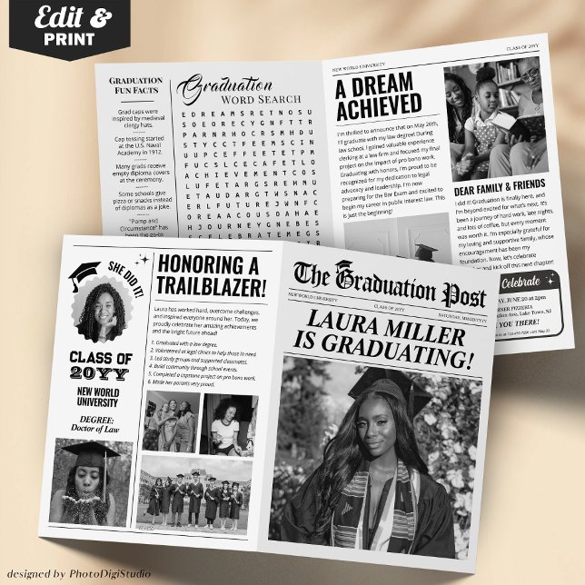 Convite para lançamento de jornal para graduação e (Editable Graduation Newspaper Announcement 4 pages card print, Unique Graduation Invite with Photos)