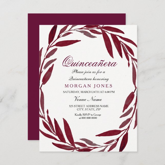 Convite para Leaf Wreath Quinceanera Burgundy (Frente/Verso)