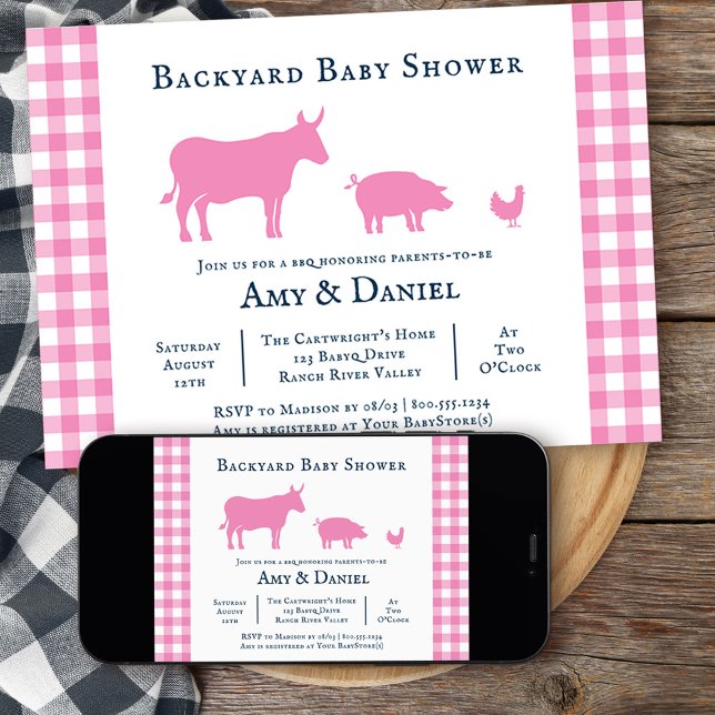 Convite para Marinhos Rosa, Chá de fraldas Russo,  (Backyard BBQ girls baby shower  invitation from my rustic farmhouse BBQ collection
)