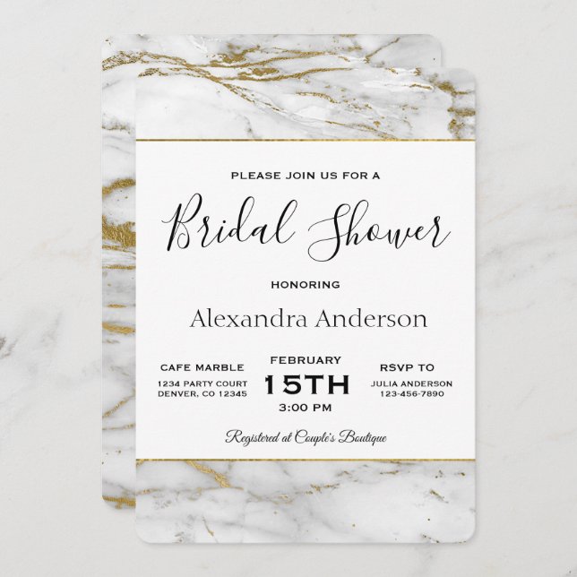 Convite para mármore branco e Dourado do chá de pa (Frente/Verso)