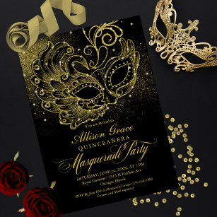 Convite para Mascarada de Quinceanera Dourada Pret