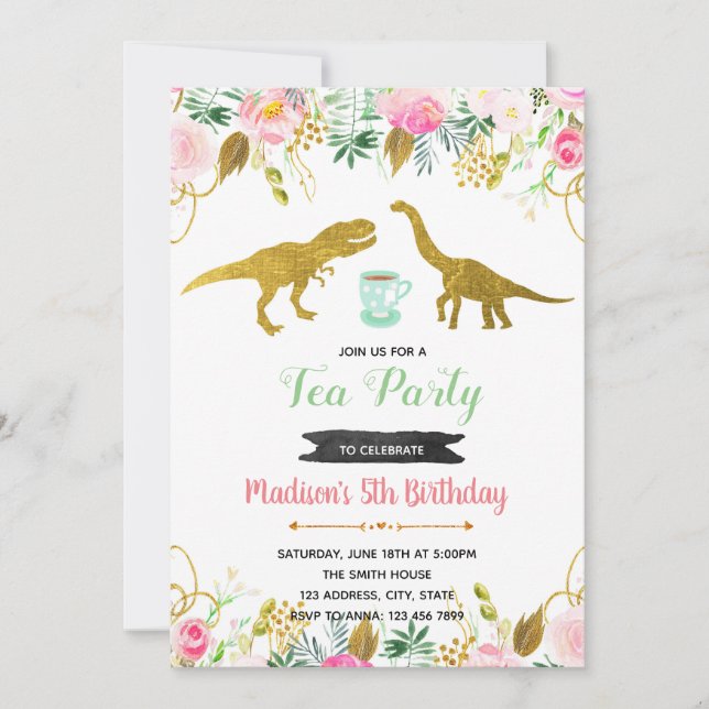 convite para menina da festa do Tea rex (Frente)