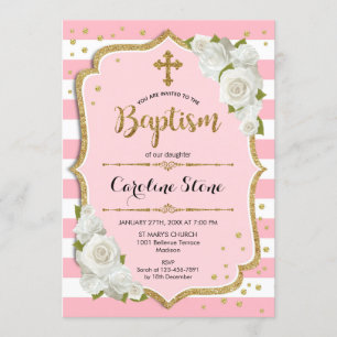 Convite para Meninas Baptism - Branco Dourado rosa