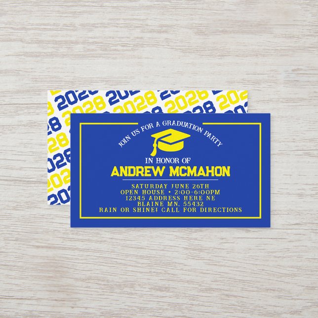 Convite para Mini Graduação de Graduação Amarelo A (Blue & Yellow Mini Graduation Invitations for friends, classmates, teammates or announcement inserts)