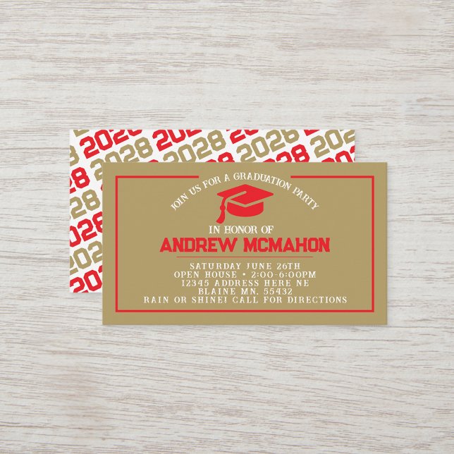 Convite para Mini Graduação de Graduação Vermelha  (Gold and Red Mini Graduation Invitations for friends, classmates, teammates or announcement inserts)