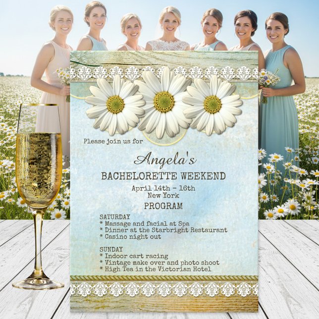 Convite para Modelo do Programa de Fim de Semana B (Bachelorette weekend getaway program template with a boho chic design with daisies on rustic wood)